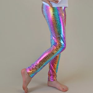 Shiny Metallic Rainbow Leggings-Dino Scale Leggings, Shiny Birthday Outfit, Gift-for-her Leg gings, dance pants, cheer pants, birthday