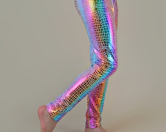 Shiny Metallic Rainbow Leggings-Dino Scale Leggings, Shiny Birthday Outfit, Gift-for-her Leg gings, dance pants, cheer pants, birthday