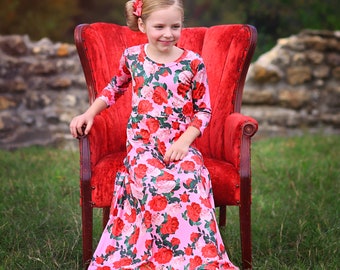 Girls Red and Pink Roses Maxi Dress- Maxi Dress, Gift for her, school dress, church dress, birthday gift, girl dress, casual dress, long