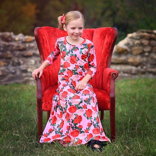 Girls Red and Pink Roses Maxi Dress- Maxi Dress, Gift for her, school dress, church dress, birthday gift, girl dress, casual dress, long