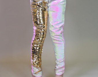Gold and White Reversible Sequined Pants - Flip Sequin Pants - Gold and White Sequined Pants - Magic Sequin Pants
