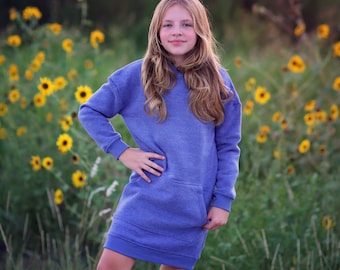 Girls Faded Blue Hoodie Dress-  blue hoodie, blue hoodie dress, fall dress, basic hoodie dress, blue sweatshirt dress, blue jersey dress