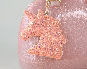 Peach Shimmer Unicorn Head Keychain - Glitter Keychain -  Blush Glitter Keychain - Unicorn Head Keychain