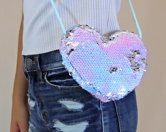 Ice Blue Heart Sequin Purse - Flip Sequin Heart Bag - Blue Girls Heart Purse - White Heart Bag