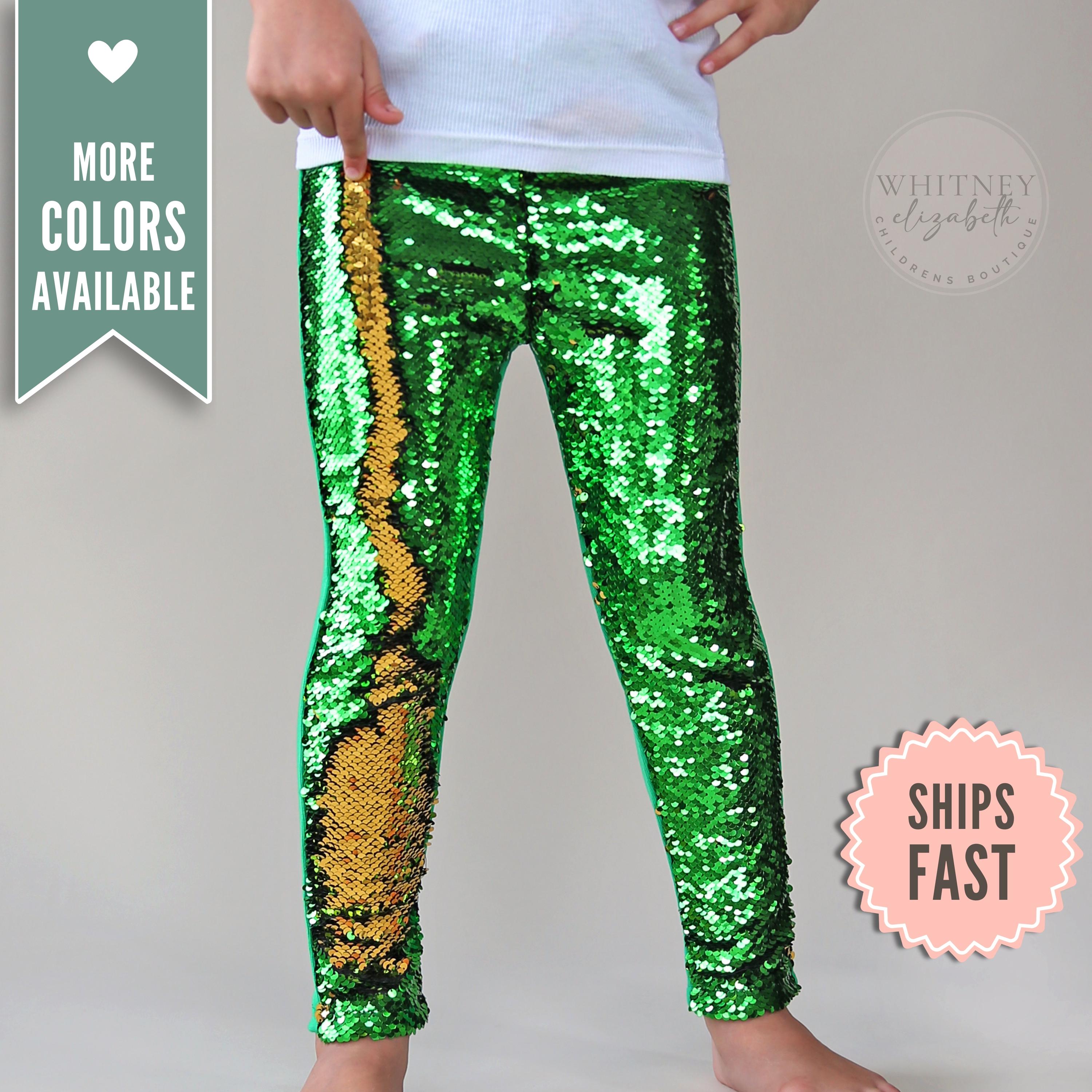 Girls Green Sequin Pants, Green Toddler Sequin Leggings, Girls Boutique clothing, School Outfit, Sparkle Dress up Birthday Party Outfit