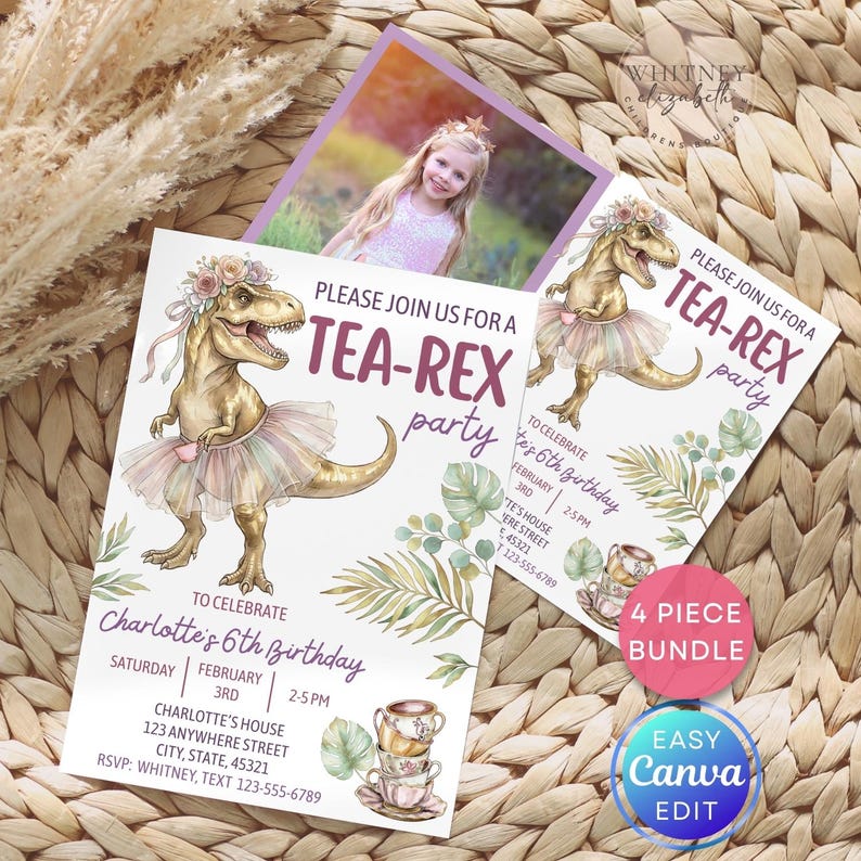 Puede incluir: Invitaciones para fiestas con el tema "TEA-REX", con un dinosaurio de dibujos animados con tut&uacute; y corona de flores. Las invitaciones incluyen una foto de una ni&ntilde;a y el texto "4 PIECE BUNDLE" y "EASY Canva EDIT".