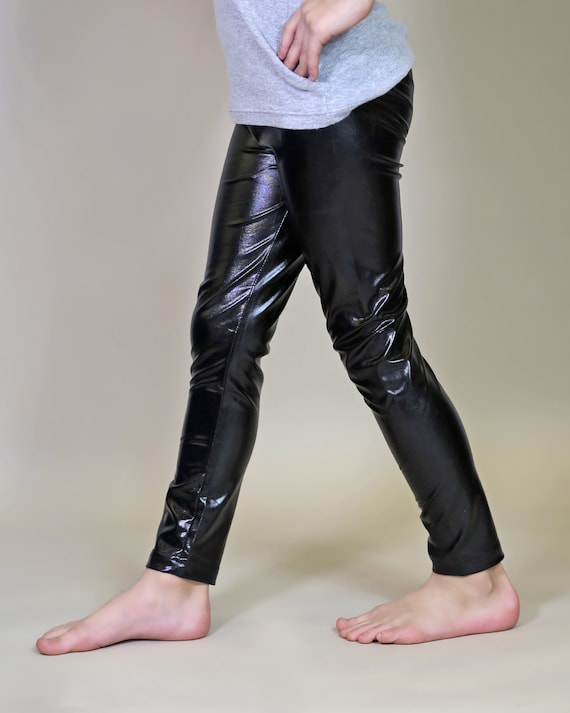 Girls Black Metallic Leggings Black Leggings, Black Pants, Black Metal Pants,  Black Metallic Pants, Faux Leather Pants, Black Dance Pants 