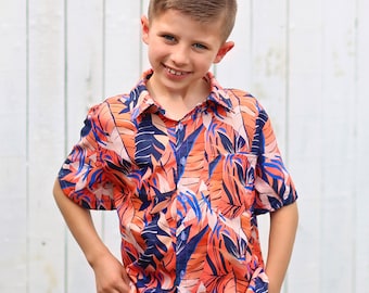 Boys Blue and Orange Leaf Button up Shirt - Boys Button Shirt - Boys Dress Shirt