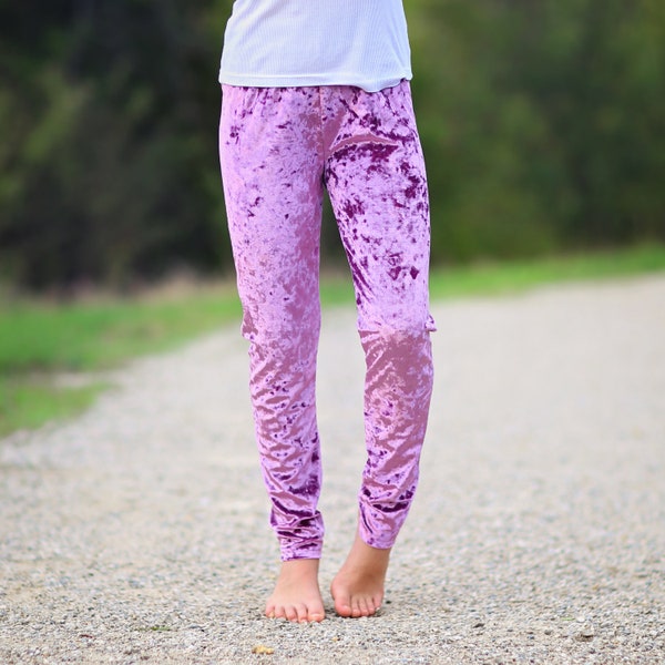 Girls Lavender Velvet Leggings - velvet pants, leggings, lilac pants, blue leggings, girls leggings, basic leggings, purple stretch leggings