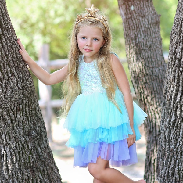 Blue Sparkling Sequin Top Tulle Girl Dress - Flower Girl Birthday Outfit, Princess Chiffon Party Dress, Perfect Gift for Special Occasions