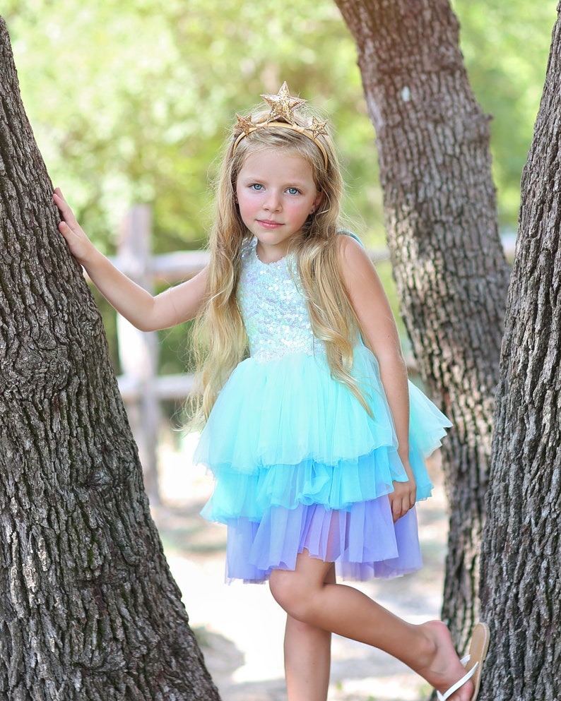 Blue Sparkling Sequin Top Tulle Girl Dress Flower Girl Birthday Outfit, Princess Chiffon Party Dress, Perfect Gift for Special Occasions image 1