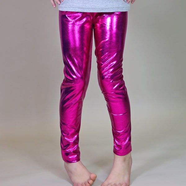 Mädchen Hot Pink Shiny Metallic Leggings - Hot Pink Leggings, heiße Metallic Hose, lila, Metallic Hose, Metallhose, Tanzhose