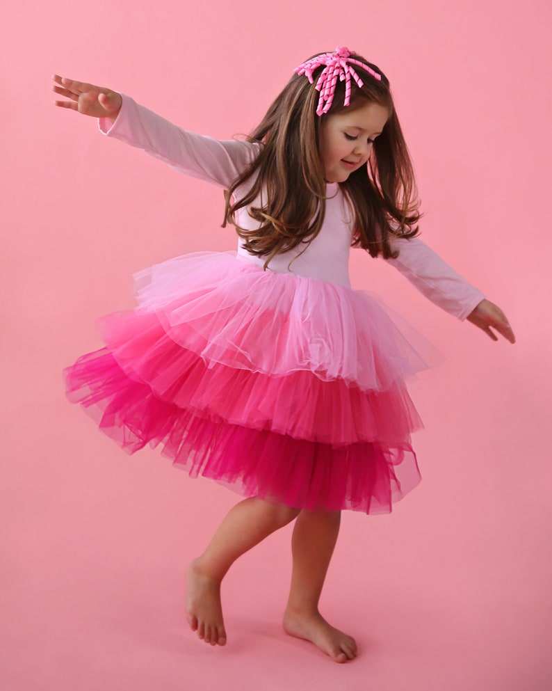 Robe de demoiselle d'honneur en tulle rose tenues d'anniversaire de princesse, robe de soirée duveteuse pour des occasions spéciales, cadeau pour fille, bouquetière digne des tours image 2