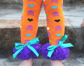 Halloween Orange and Purple Skulls Ruffled Leg Warmers- skulls, halloween leg warmers, halloween costume, halloween sock, girls skull socks