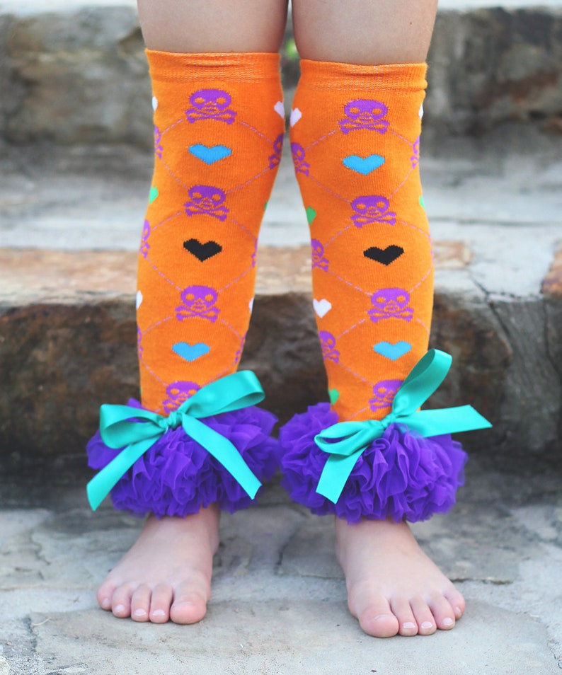 Halloween Orange and Purple Skulls Ruffled Leg Warmers skulls, halloween leg warmers, halloween costume, halloween sock, girls skull socks image 1