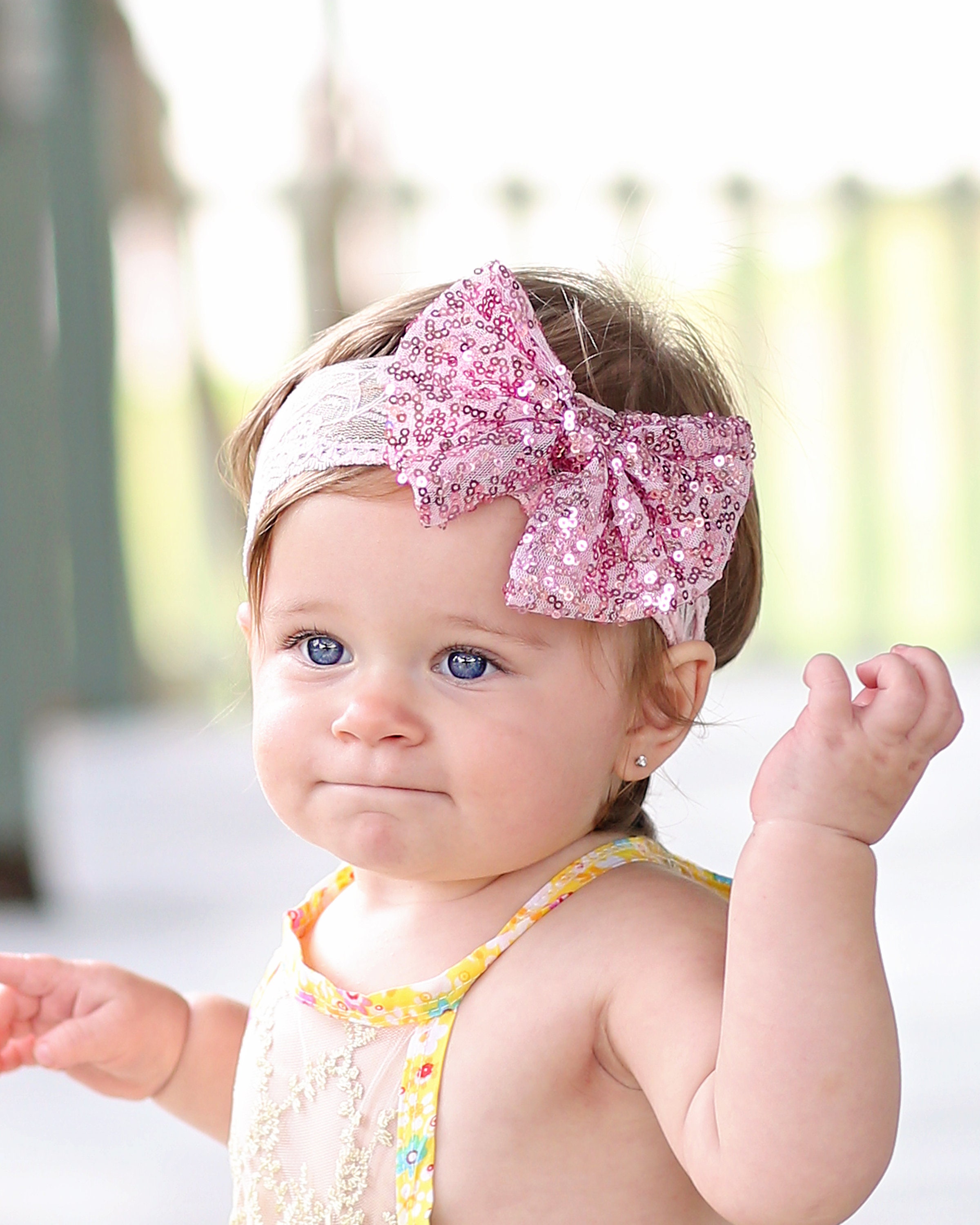Pink Sequin Bow on Lace Headband -pink Sequin Headband  display picture 2