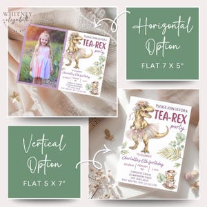 Puede incluir: Una invitaci&oacute;n a una fiesta con una ilustraci&oacute;n de un dinosaurio con tut&uacute; y el texto "TEA-REX party". La invitaci&oacute;n incluye una foto de una ni&ntilde;a. La invitaci&oacute;n est&aacute; disponible en una opci&oacute;n horizontal de 17,78 x 12,7 cm y una vertical de 12,7 x 17,78 cm.