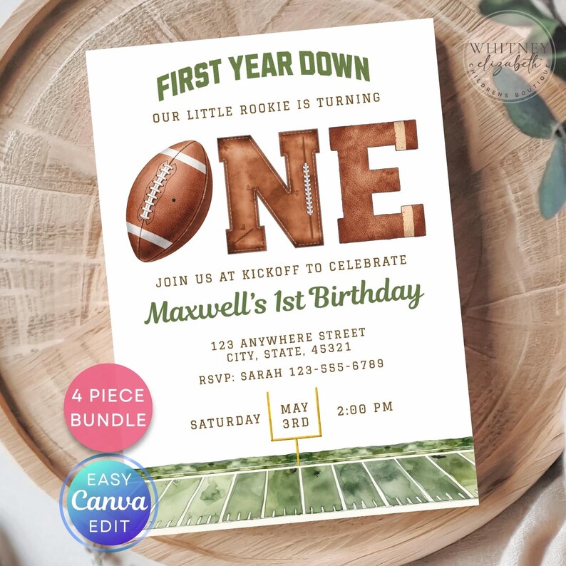 May include: A football-themed first birthday invitation. The design features a brown football, the word "ONE" in a football texture, and the text "Maxwell's 1st Birthday." Includes details for the event: date, time, and location. The invitation is easy to edit.