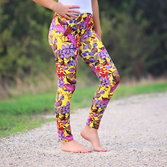 Girls Yellow, Pink, Lavender Bee Floral Leggings Pink Pants