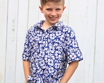 Boys Blue and White FLower Button up Shirt - Boys Button Shirt - Boys Dress Shirt