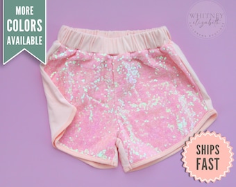 Girls Pink Sequin Shorts, Pink Kids athletic shorts, Cheer Shorts, Kids Dance Shorts, Girls Running Shorts, Girls Junior Short Birthday Gift