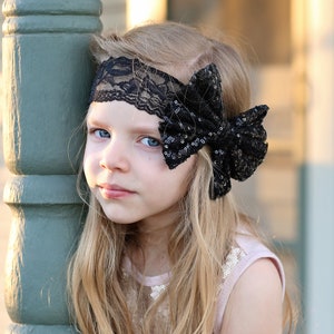 Black Sequin Bow on Lace Headband -Black bow, black headband, headband, black lace band, black hair accessory, black sequin bow, sequin band