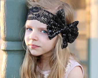 Black Sequin Bow on Lace Headband -Black bow, black headband, headband, black lace band, black hair accessory, black sequin bow, sequin band