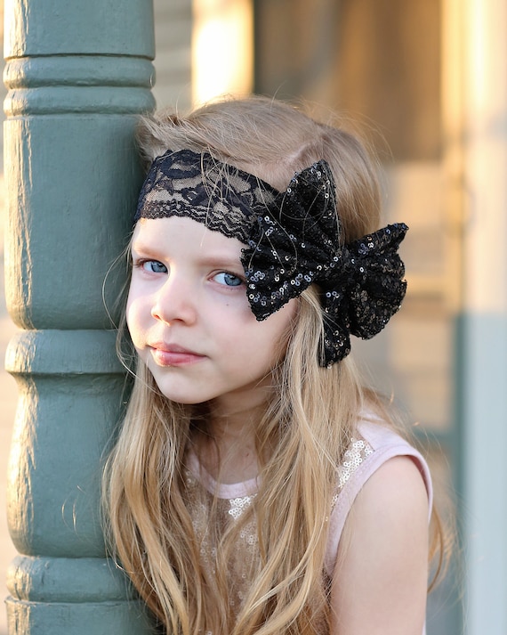 Black Sequin Bow Headband Black Sequin Mouse Ears | Custom Color Bow Headband - Etsy main image 2