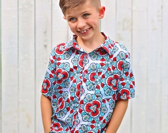 Boys Geometric Red and Aqua Floral Button up Shirt - Boys Button Shirt - Boys Dress Shirt