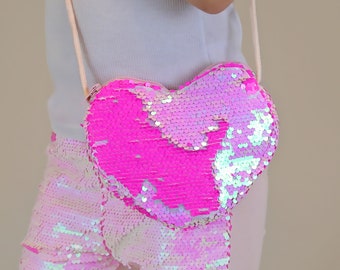 Pink Heart Sequin Purse - Flip Sequin Heart Bag - Girls Heart Purse - Neon Pink and Hot Pink Flip Heart Bag