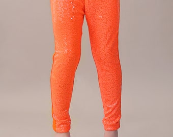 Neon Orange Shiny Sequin Leggings - Orange Leggings - Orange Sequin Leggings, Girls Birthdayoutfit, dance, cheer leg gings