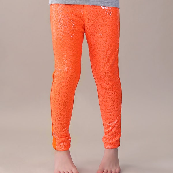 Neon Orange Shiny Sequin Leggings - Orange Leggings - Orange Sequin Leggings, Girls Birthdayoutfit, dance, cheer leg gings