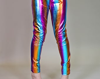 Striped Rainbow Metallic Leggings -Rainbow Shimmer Leggings, Metallic Rainbow Pants, Metallic Leggings, Dance pants, Birthday outfit, Gift