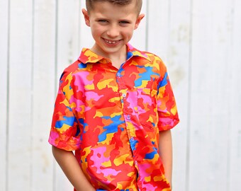 Boys Hawaiian shirt, trendy button up shirt birthday gift, Boys Neon Orange and Red Camo Button Shirt - Boys Dress Shirt