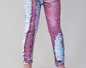 Holographic Pink and Silver Reversible Sequined Pants - Pink Flip Sequin Pants - Pink and Silver Sequined Pants - Magic Sequin Pants