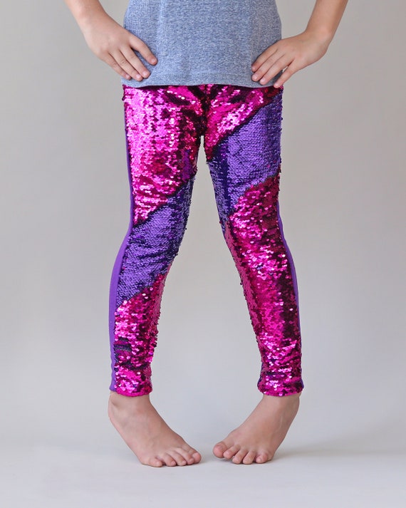Girls Hot Pink and Purple Reversible Sequined Pants Flip Sequin