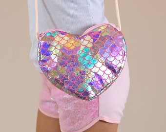 Mermaid Metallic Heart Purse - Metallic Heart Bag - Girls Heart Purse - Pastel Rainbow Mermaid Heart Bag