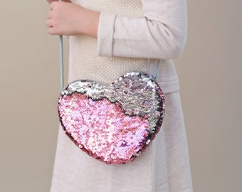 Heart Sequin Purse - Flip Sequin Heart Bag - Girls Heart Purse - Pink and Silver Flip Heart Bag