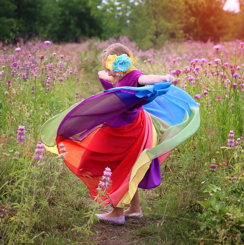 Rainbow Floor Length Chiffon Bohemian Junior Twirl Maxi Dress Wedding, Flower Girl, Boho Beach, Comfortable, Photoshoot, Birthday, Party image 4