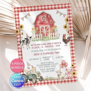 Puede incluir: Una invitación de cumpleaños con temática de granja con un granero rojo, girasoles y animales de granja. La invitación incluye el texto "WITH AN OINK, AND A MOO & A COCK - A - DOODLE - DOO" y "JACK IS TURNING TWO".