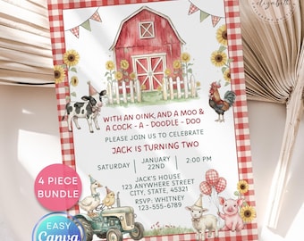 May include: A farm-themed birthday invitation with a red barn, sunflowers, and farm animals. The invitation includes the text "WITH AN OINK, AND A MOO & A COCK - A - DOODLE - DOO" and "JACK IS TURNING TWO". The invitation is on a red and white checkered background.