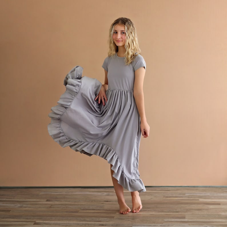 Gray Boho Dress Long Ruffle Dress High-low Hem Ruffle Dress Full Skirt Red Dress Gray Twirly Dress image 2