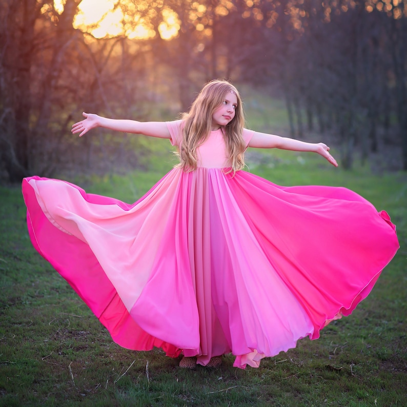 Pink Floor Length Chiffon Bohemian Junior Twirl Maxi Dress Valentines Dress, Wedding, Flower Girl, Boho Beach, Photoshoot, Birthday, Party image 1