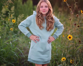 Girls Green Hooded Dress, Cozy Hoodie Sweatshirt Dress with Pockets, Cute Kids Clothes, Toddler Winter Dress, Cotton Midi Style for Everyday