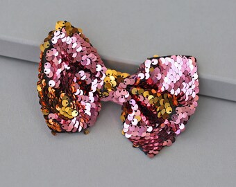 Pink and Gold Bow Clip - Sequin Bow Clip -  Gold and Pink Flip Sequins - Pink and Gold Reversible Sequins