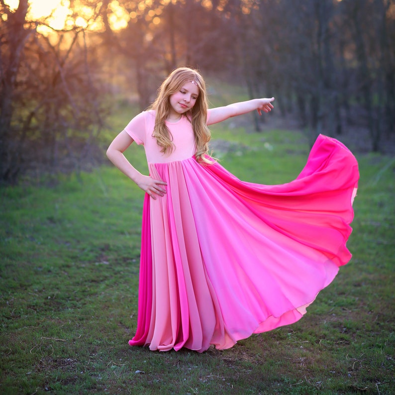 Pink Floor Length Chiffon Bohemian Junior Twirl Maxi Dress Valentines Dress, Wedding, Flower Girl, Boho Beach, Photoshoot, Birthday, Party image 8