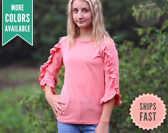 Camisa coral con mangas con volantes para niñas, linda camiseta para bebés, top de manga larga con volantes, camisa lisa femenina para niñas, ropa para niñas pequeñas.