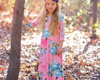 Girls Pink Flower Maxi Dress- Maxi Dress, Gift for her, school dress, church dress, birthday gift, girl dress, casual dress, long, floral