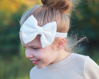 White Bow Sequin Headband - Sequin Bow Headband - White Sequin Bow - White Sequins - Sequin Headband, White hair accessory, sequin bow