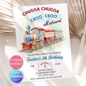 May include: A watercolor-style birthday invitation featuring a blue, red, and beige train with the text "CHUGGA CHUGGA CHOO CHOO all aboard." The invitation is for Easton's 5th birthday, with date, time, and location details.
